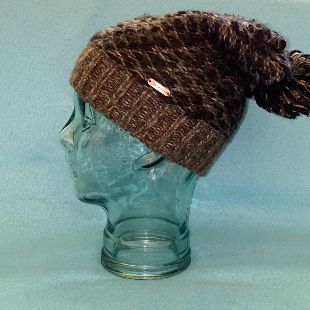 STEVE MADDEN chunky knit pom pom hat beanie dark light browns tan NEW SZ OSFA